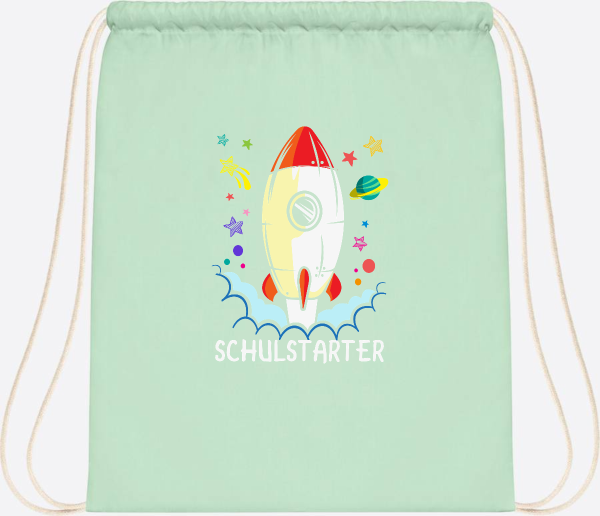 Turnbeutel mit Namen zur Einschulung – Bunte Schulstarter-Rakete - Pastel Mint/White