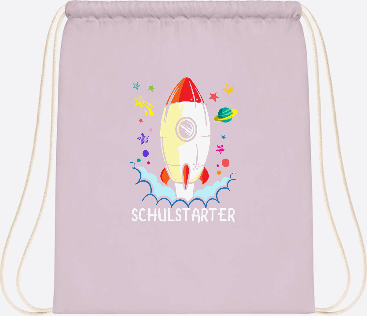 Turnbeutel mit Namen zur Einschulung – Bunte Schulstarter-Rakete - Pastel Pink/White