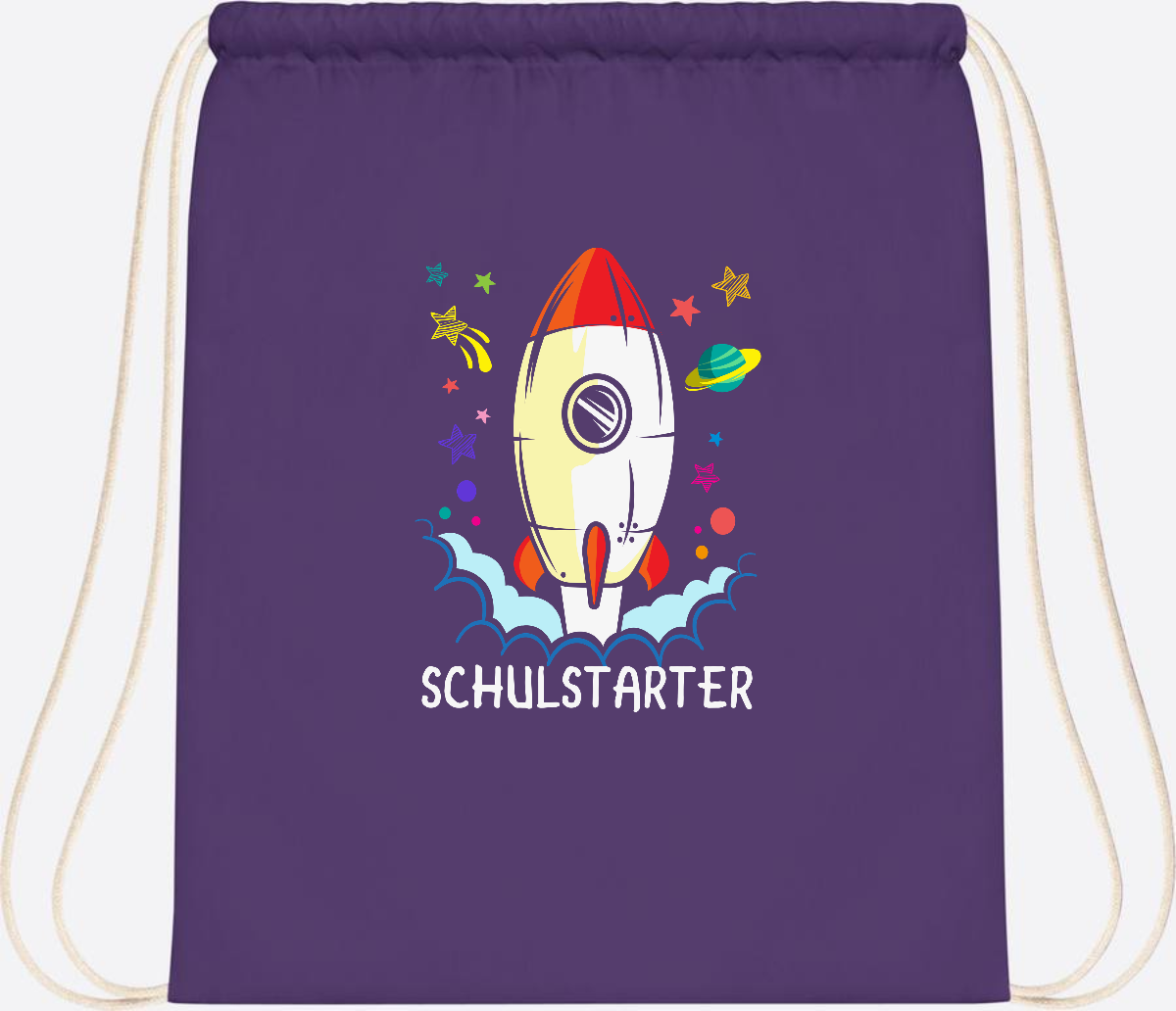 Turnbeutel mit Namen zur Einschulung – Bunte Schulstarter-Rakete - Purple