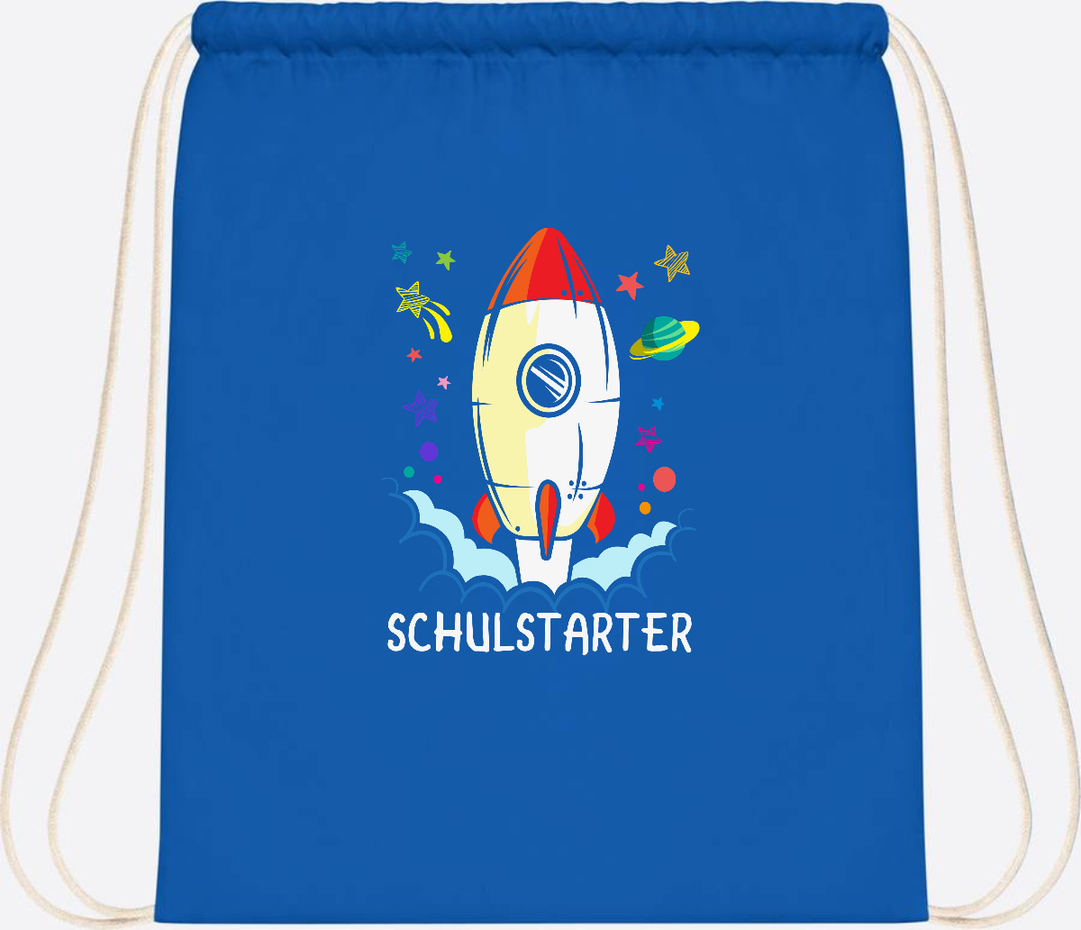 Turnbeutel mit Namen zur Einschulung – Bunte Schulstarter-Rakete - Sapphire Blue