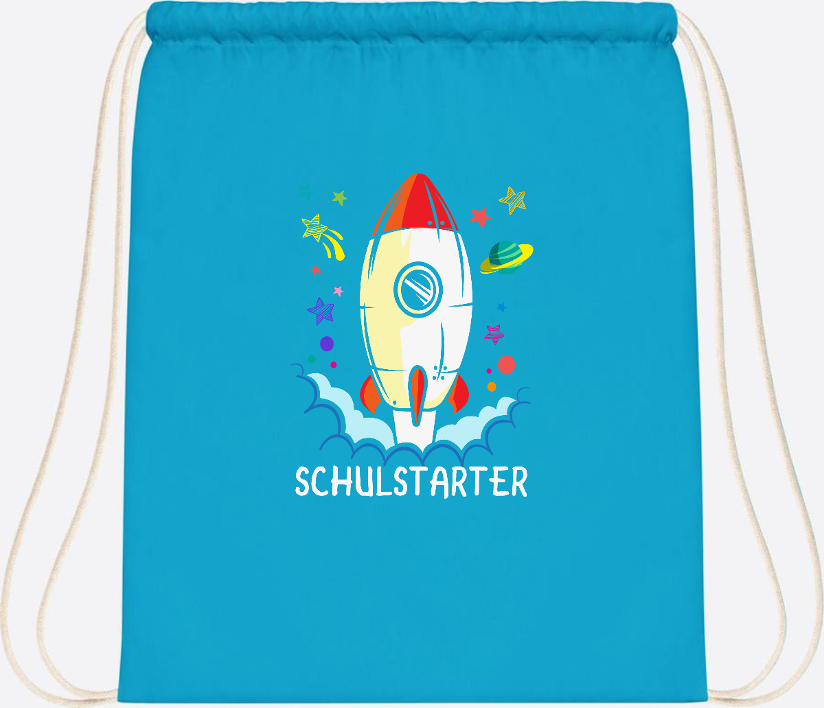 Turnbeutel mit Namen zur Einschulung – Bunte Schulstarter-Rakete - Surf Blue