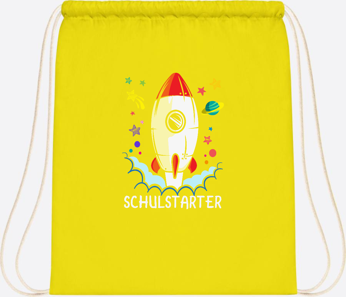 Turnbeutel mit Namen zur Einschulung – Bunte Schulstarter-Rakete - Yellow