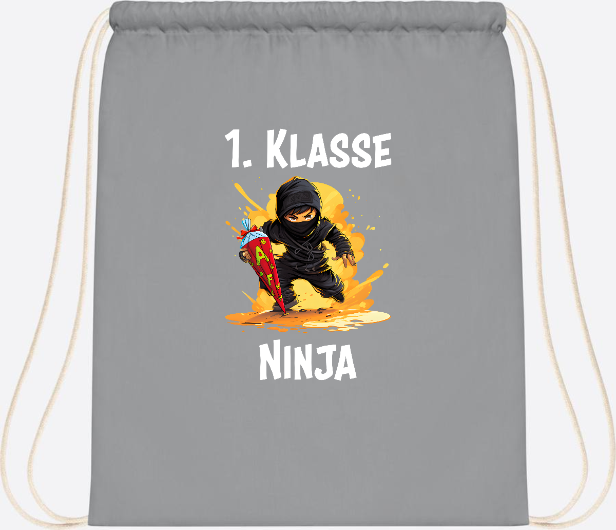 Turnbeutel Ninja zur Einschulung – Personalisiert mit Name - Light Grey