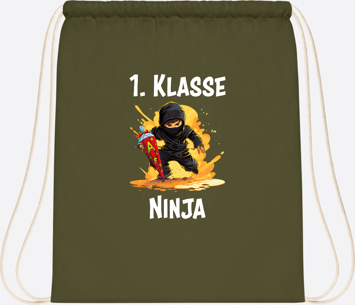 Turnbeutel Ninja zur Einschulung – Personalisiert mit Name - Olive Green