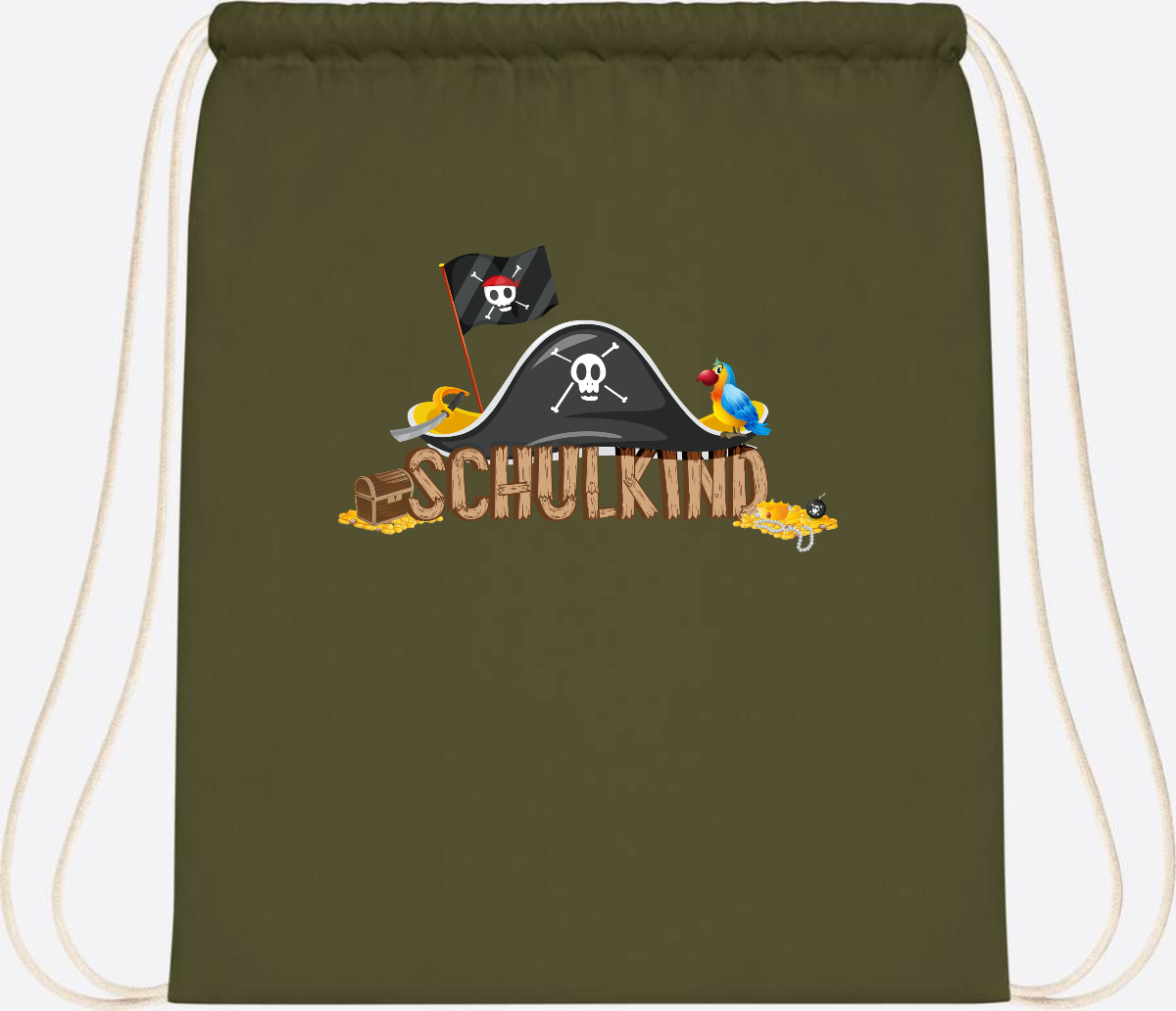 Turnbeutel Pirat Schulkind – Personalisiert zur Einschulung - Olive Green