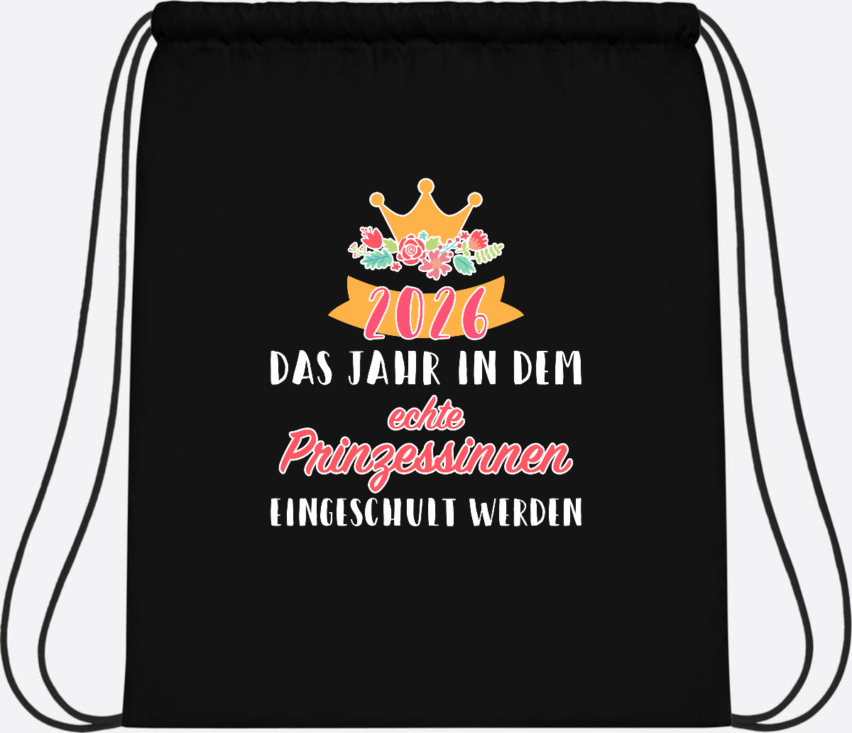 Turnbeutel Prinzessin 2026 mit Name – Geschenk zur Einschulung - Black/Black