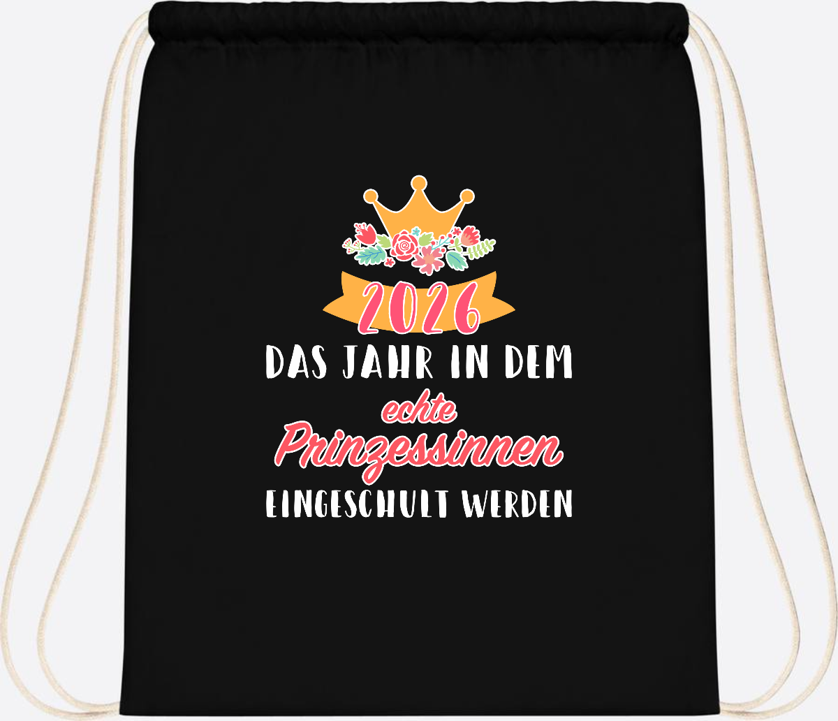 Turnbeutel Prinzessin 2026 mit Name – Geschenk zur Einschulung - Black