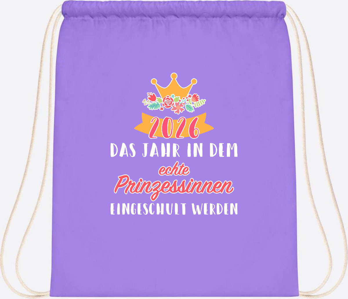 Turnbeutel Prinzessin 2026 mit Name – Geschenk zur Einschulung - Lavender/White