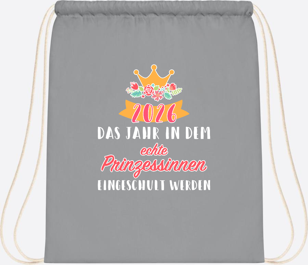 Turnbeutel Prinzessin 2026 mit Name – Geschenk zur Einschulung - Light Grey
