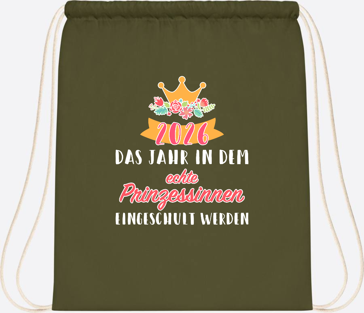 Turnbeutel Prinzessin 2026 mit Name – Geschenk zur Einschulung - Olive Green