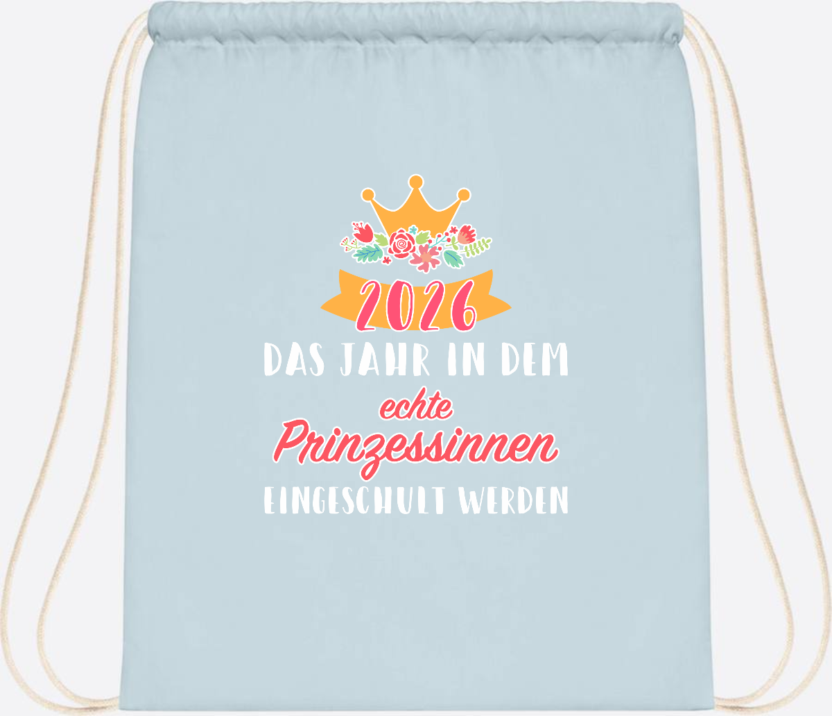 Turnbeutel Prinzessin 2026 mit Name – Geschenk zur Einschulung - Pastel Blue/White
