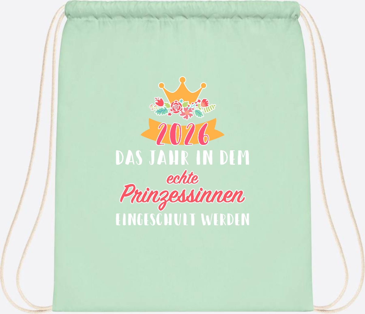 Turnbeutel Prinzessin 2026 mit Name – Geschenk zur Einschulung - Pastel Mint/White