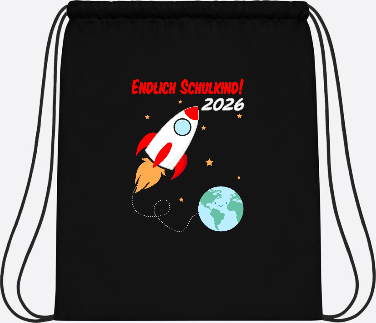 Turnbeutel Rakete 2026: Endlich Schulkind mit Wunschname - Black/Black