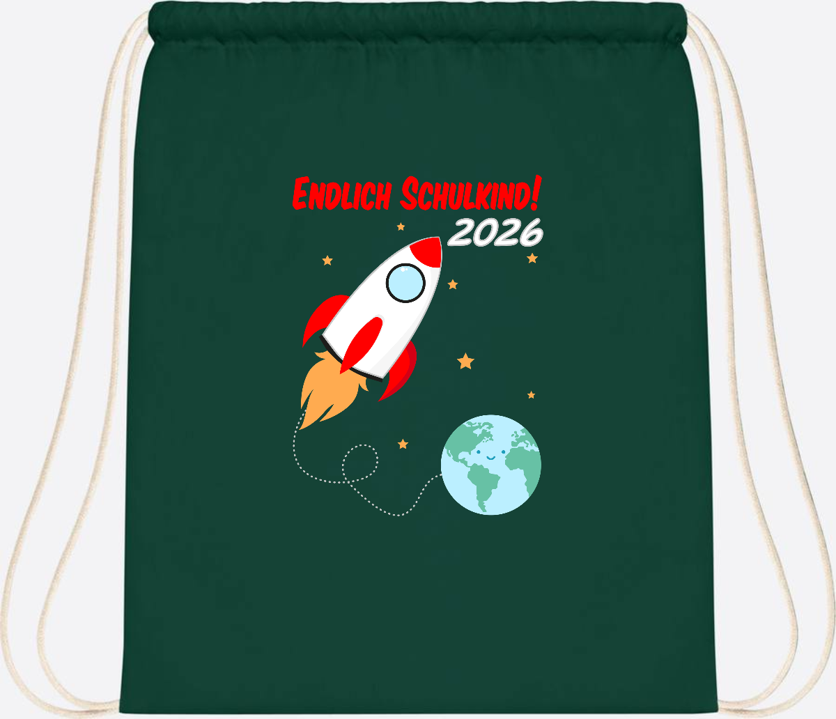 Turnbeutel Rakete 2026: Endlich Schulkind mit Wunschname - Bottle Green