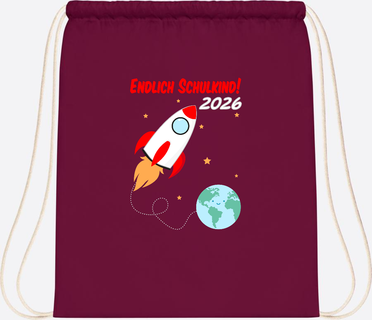 Turnbeutel Rakete 2026: Endlich Schulkind mit Wunschname - Burgundy