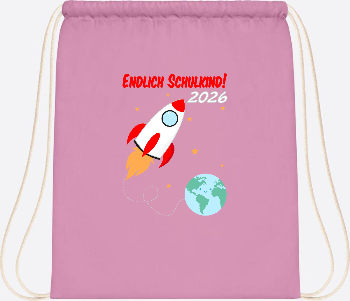 Turnbeutel Rakete 2026: Endlich Schulkind mit Wunschname - Classic Pink/White