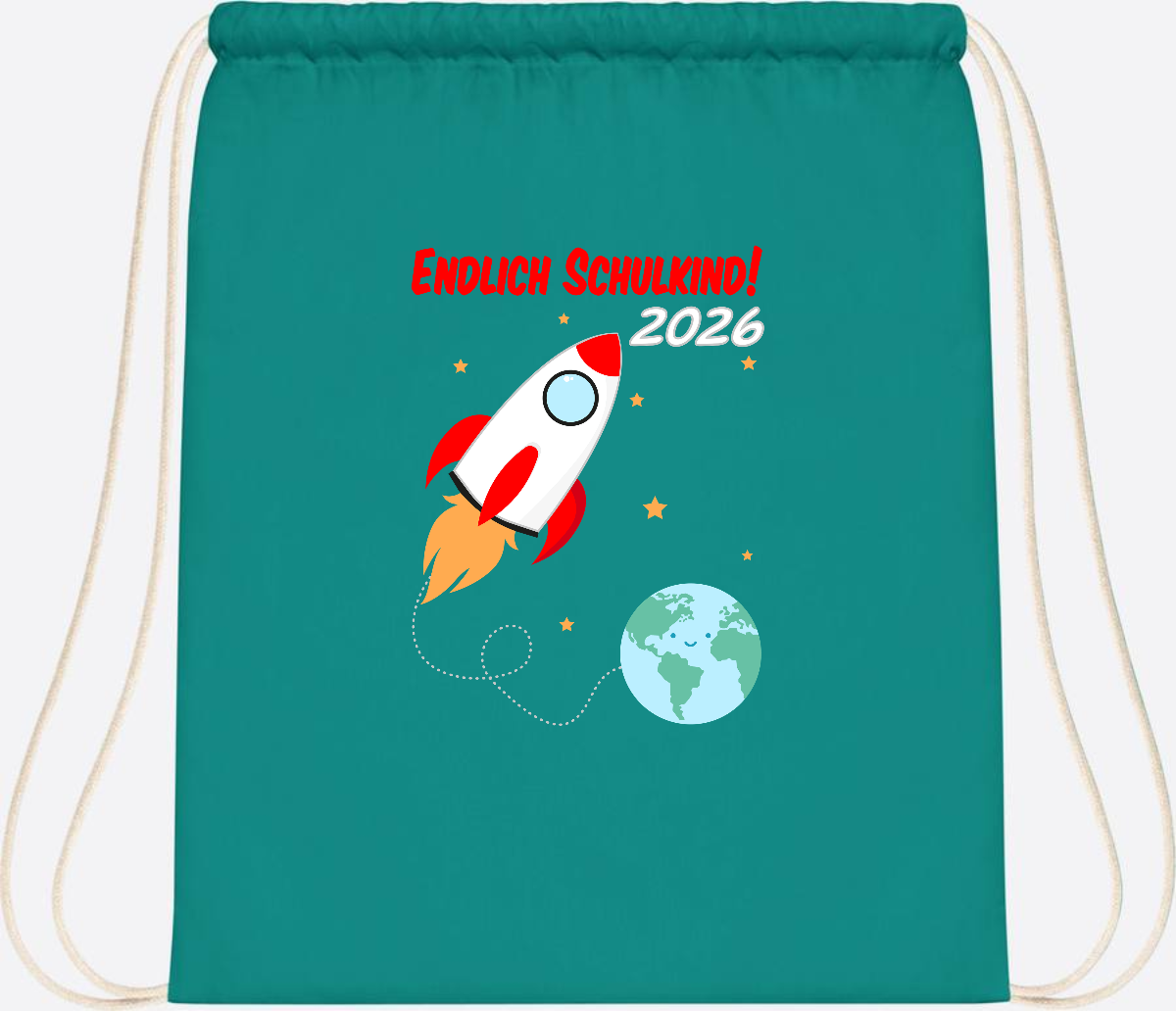 Turnbeutel Rakete 2026: Endlich Schulkind mit Wunschname - Emerald