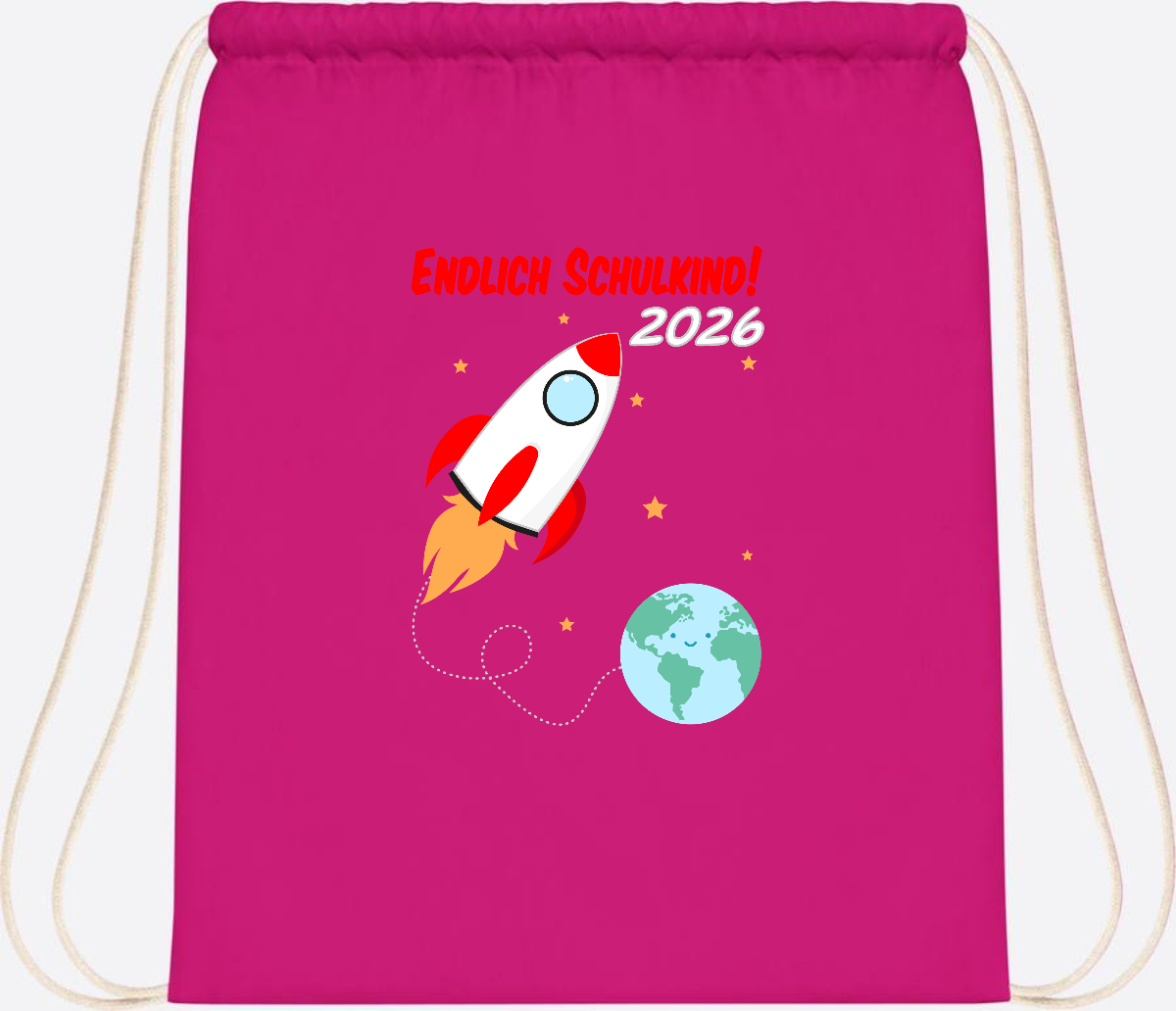 Turnbeutel Rakete 2026: Endlich Schulkind mit Wunschname - Fuchsia