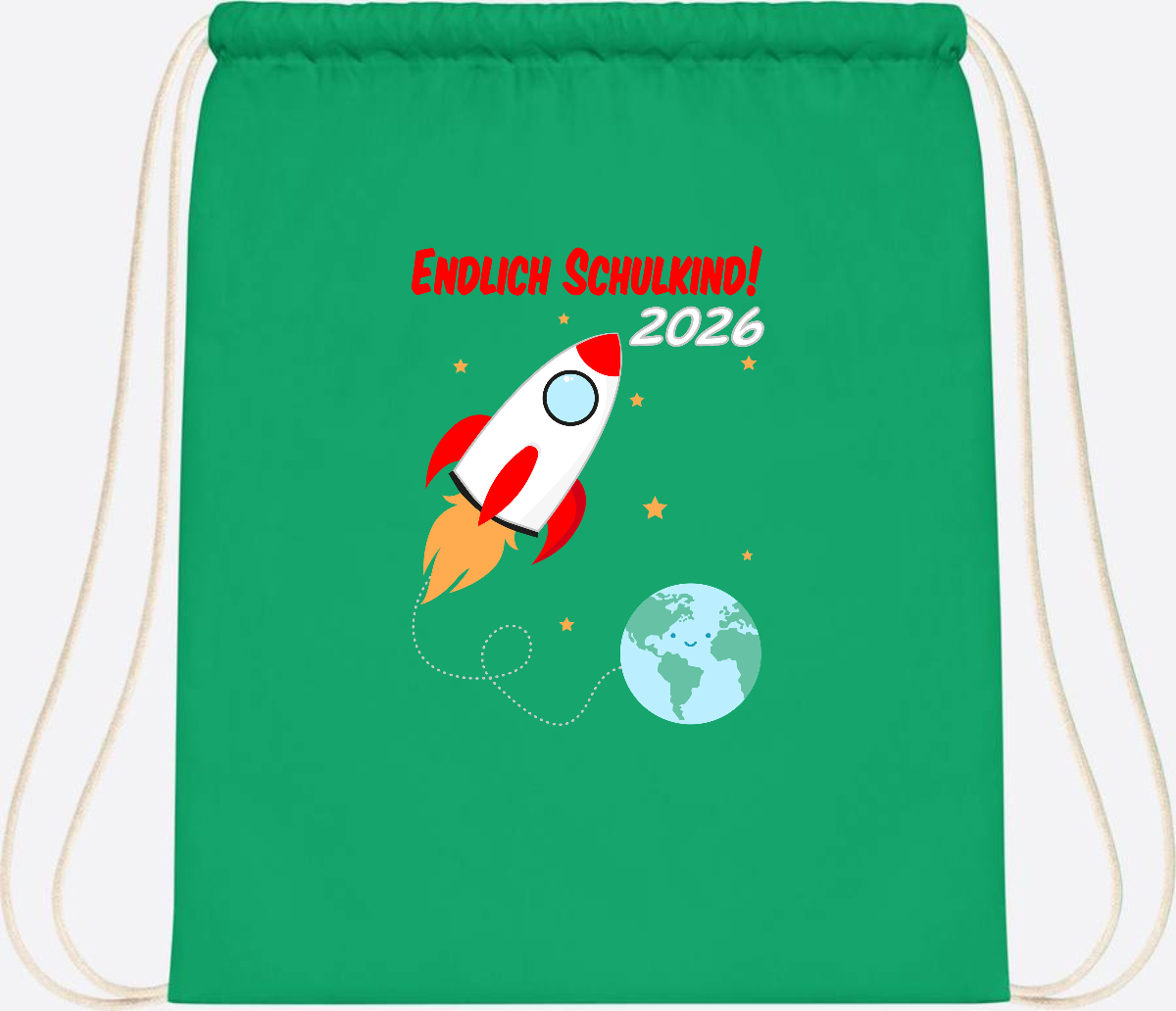 Turnbeutel Rakete 2026: Endlich Schulkind mit Wunschname - Kelly Green