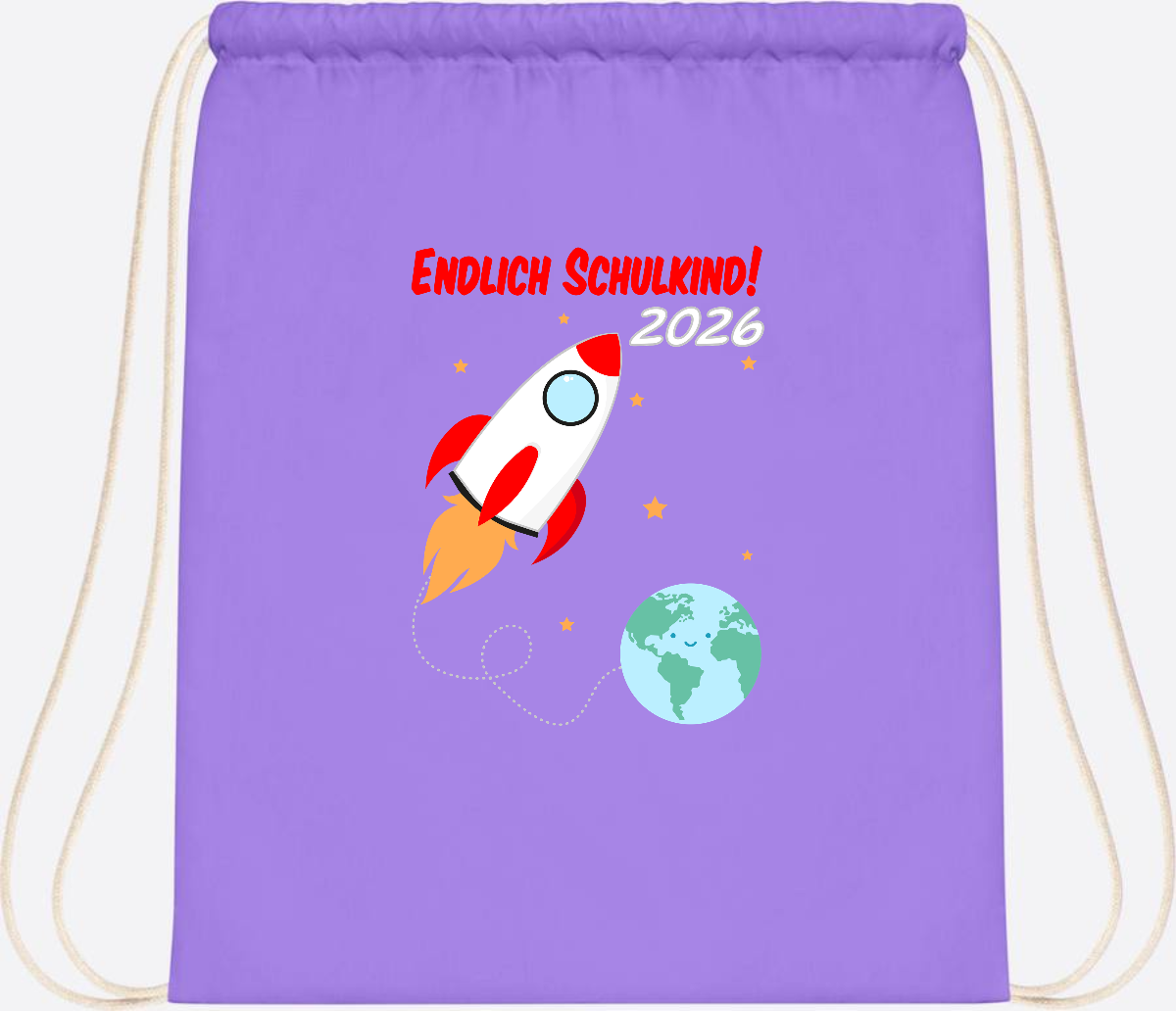 Turnbeutel Rakete 2026: Endlich Schulkind mit Wunschname - Lavender/White
