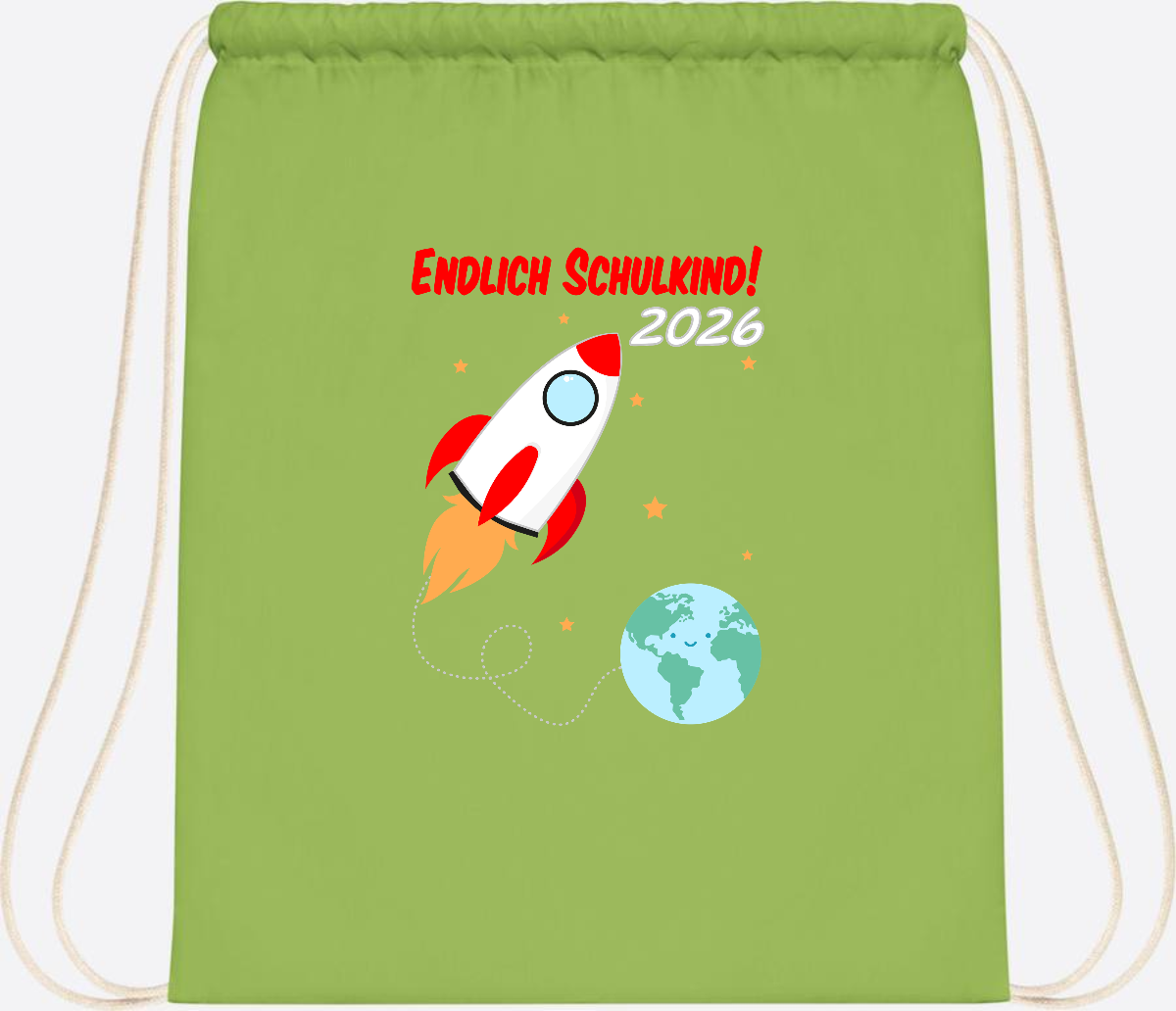 Turnbeutel Rakete 2026: Endlich Schulkind mit Wunschname - Lime Green