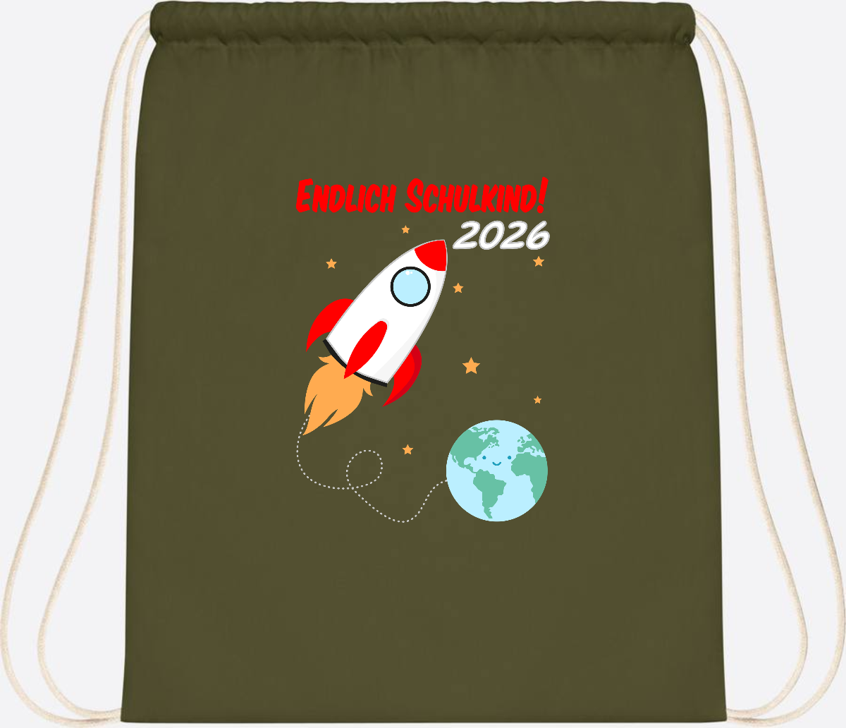 Turnbeutel Rakete 2026: Endlich Schulkind mit Wunschname - Olive Green