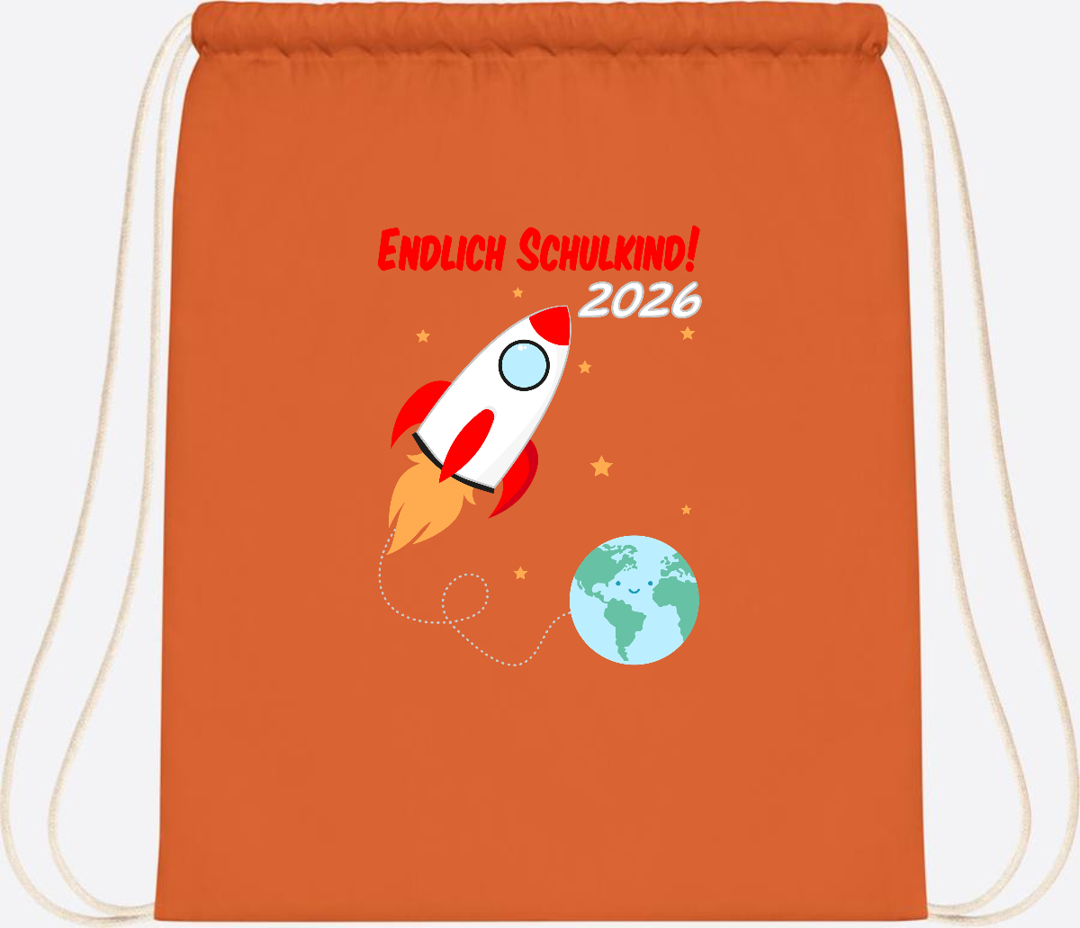 Turnbeutel Rakete 2026: Endlich Schulkind mit Wunschname - Orange