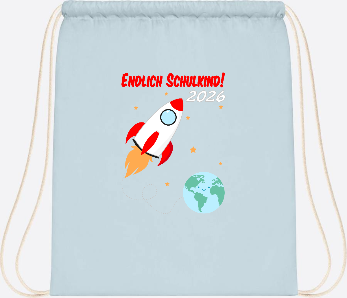 Turnbeutel Rakete 2026: Endlich Schulkind mit Wunschname - Pastel Blue/White
