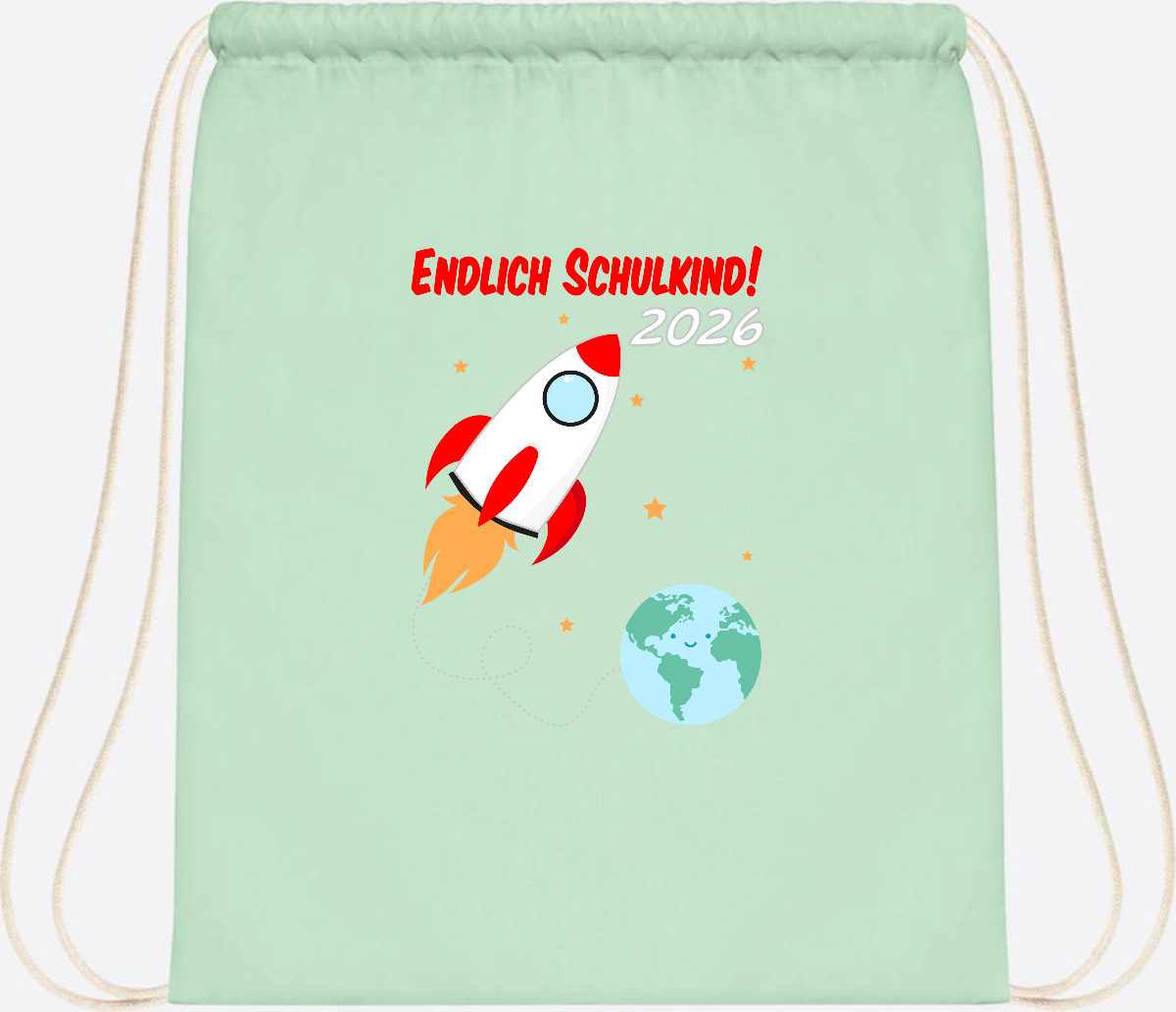 Turnbeutel Rakete 2026: Endlich Schulkind mit Wunschname - Pastel Mint/White