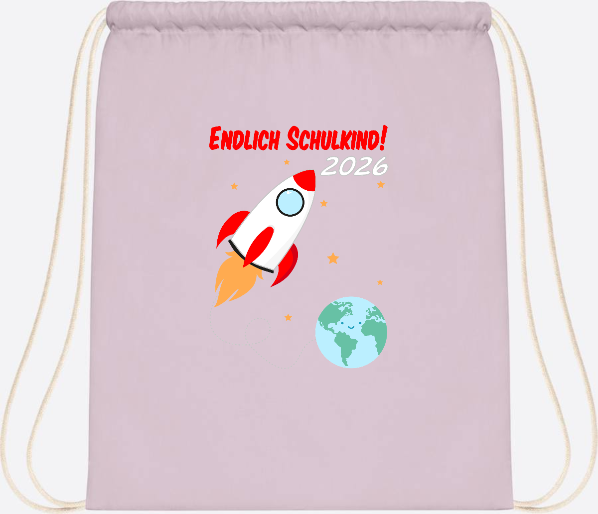 Turnbeutel Rakete 2026: Endlich Schulkind mit Wunschname - Pastel Pink/White