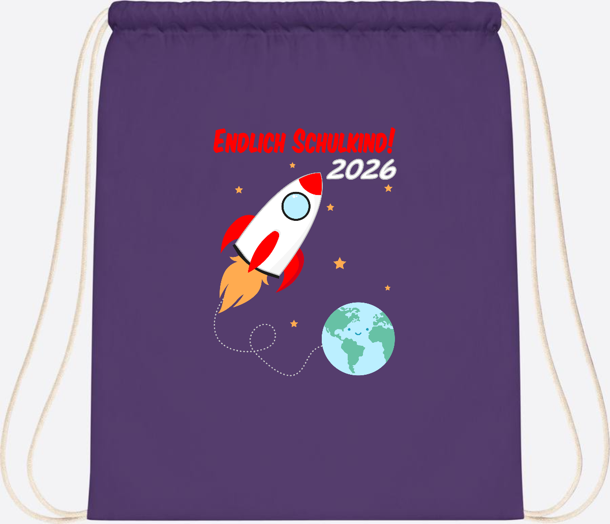 Turnbeutel Rakete 2026: Endlich Schulkind mit Wunschname - Purple