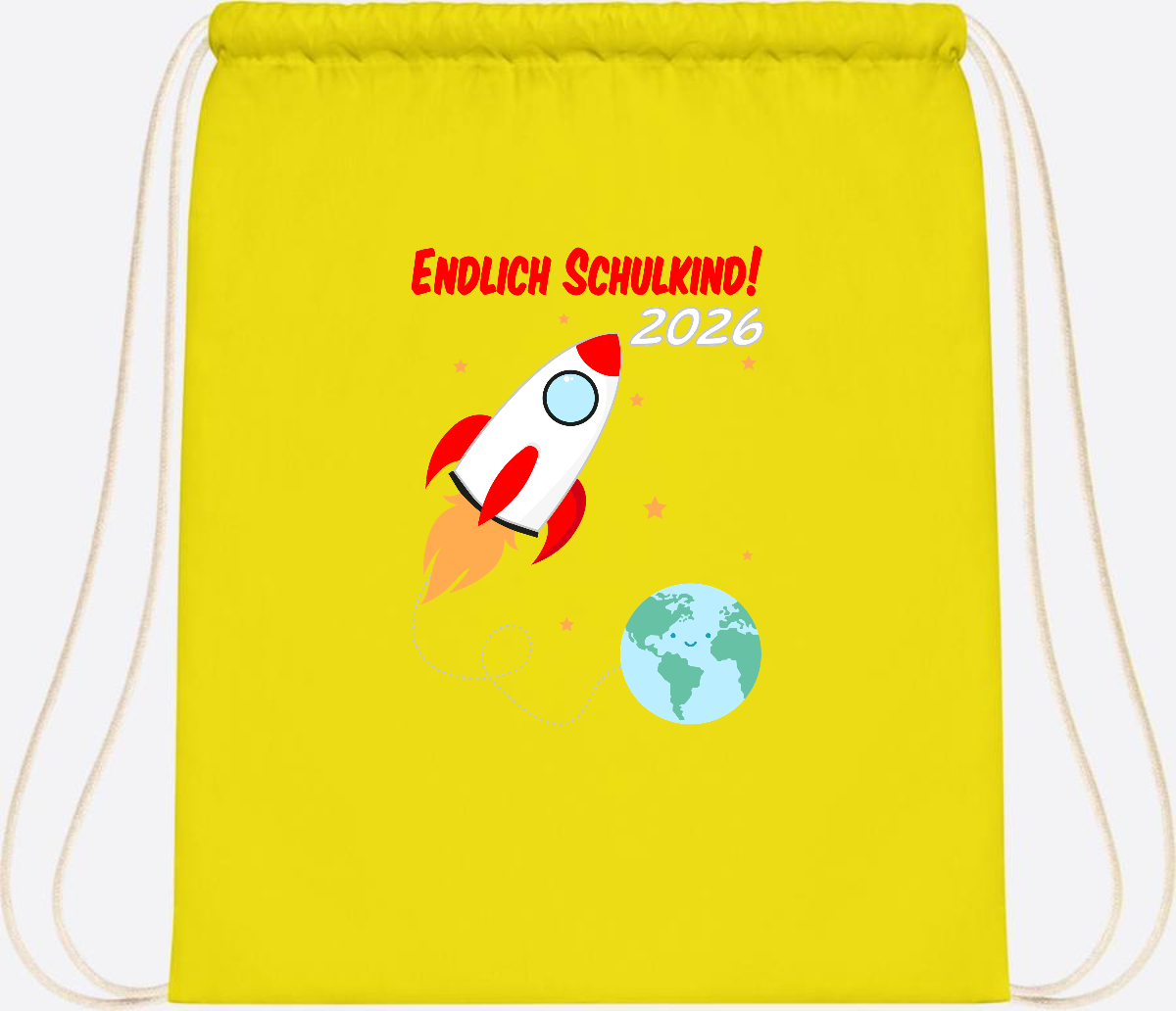 Turnbeutel Rakete 2026: Endlich Schulkind mit Wunschname - Yellow