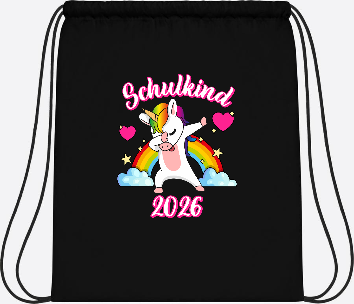 Turnbeutel Schulkind 2025 – Dabbendes Einhorn mit Wunschname - Black/Black