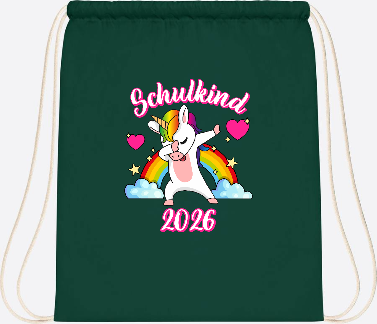 Turnbeutel Schulkind 2025 – Dabbendes Einhorn mit Wunschname - Bottle Green