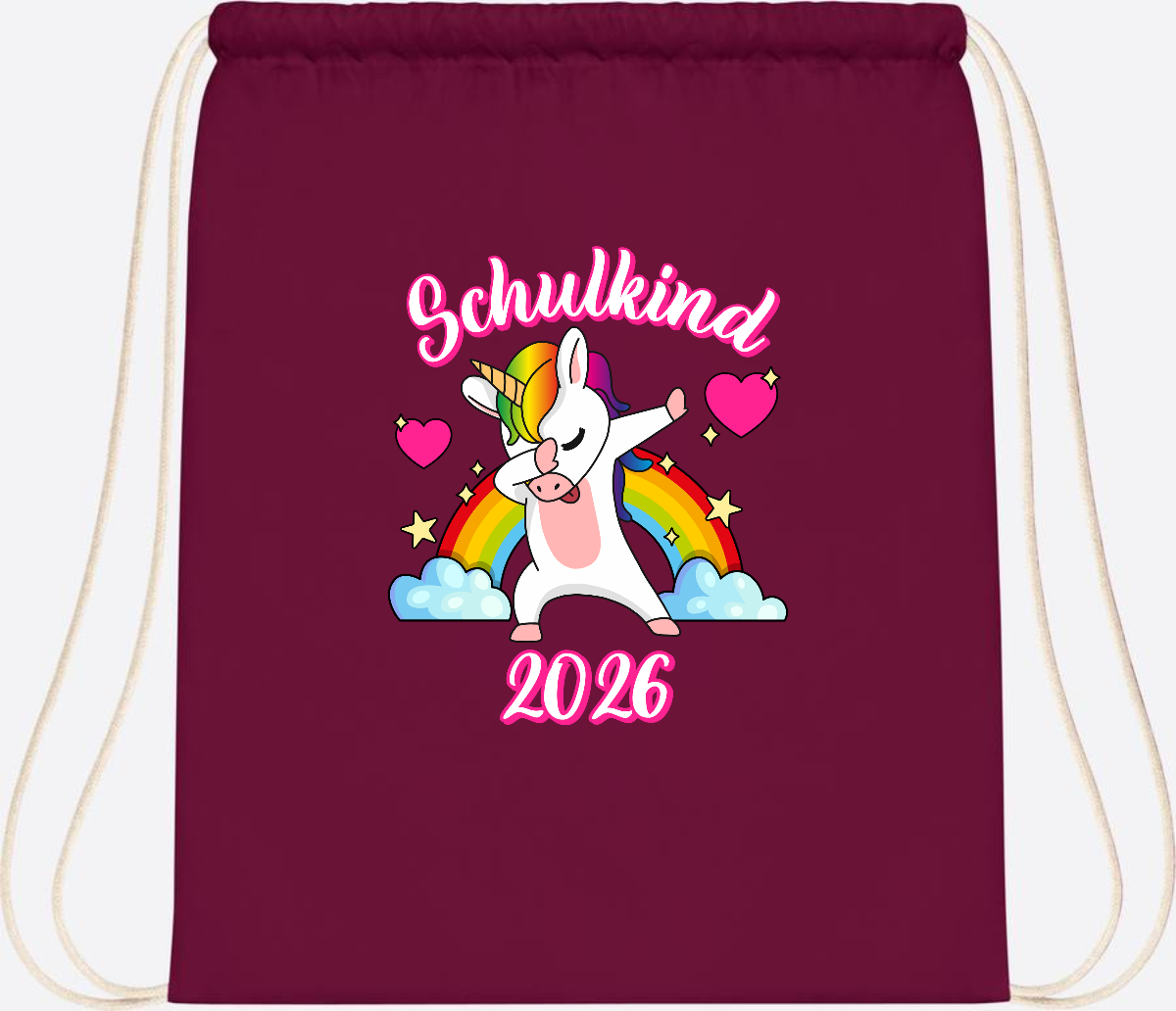 Turnbeutel Schulkind 2025 – Dabbendes Einhorn mit Wunschname - Burgundy