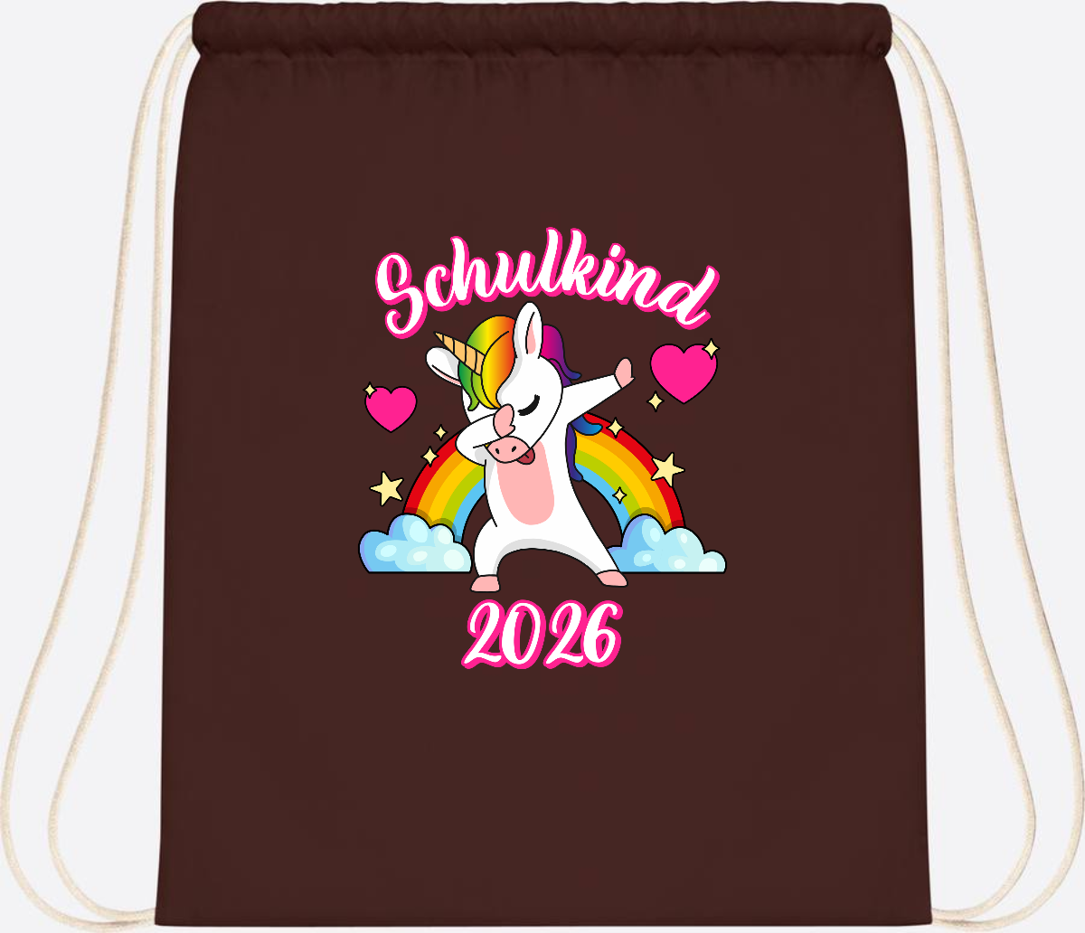 Turnbeutel Schulkind 2025 – Dabbendes Einhorn mit Wunschname - Chocolate