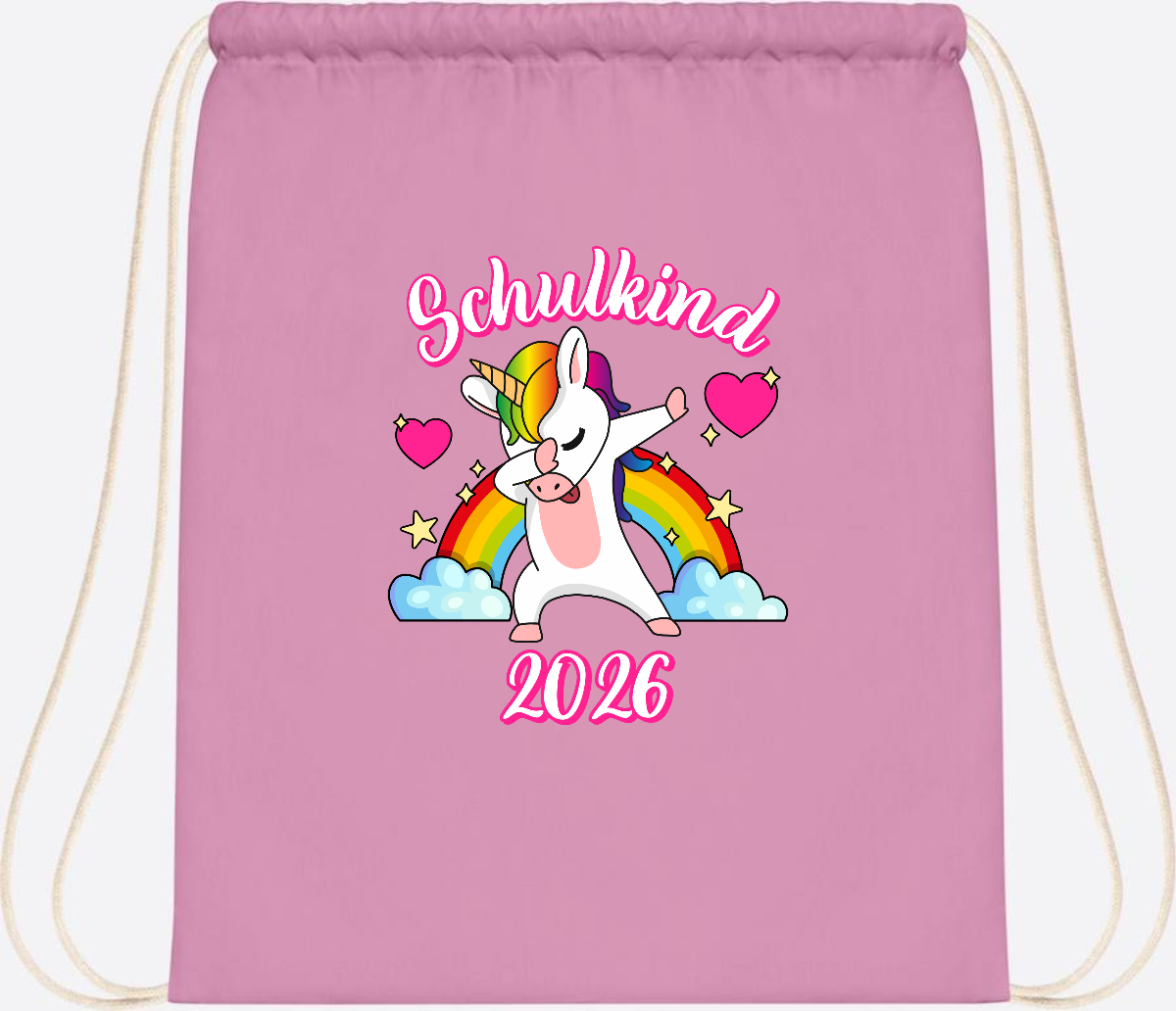Turnbeutel Schulkind 2025 – Dabbendes Einhorn mit Wunschname - Classic Pink/White