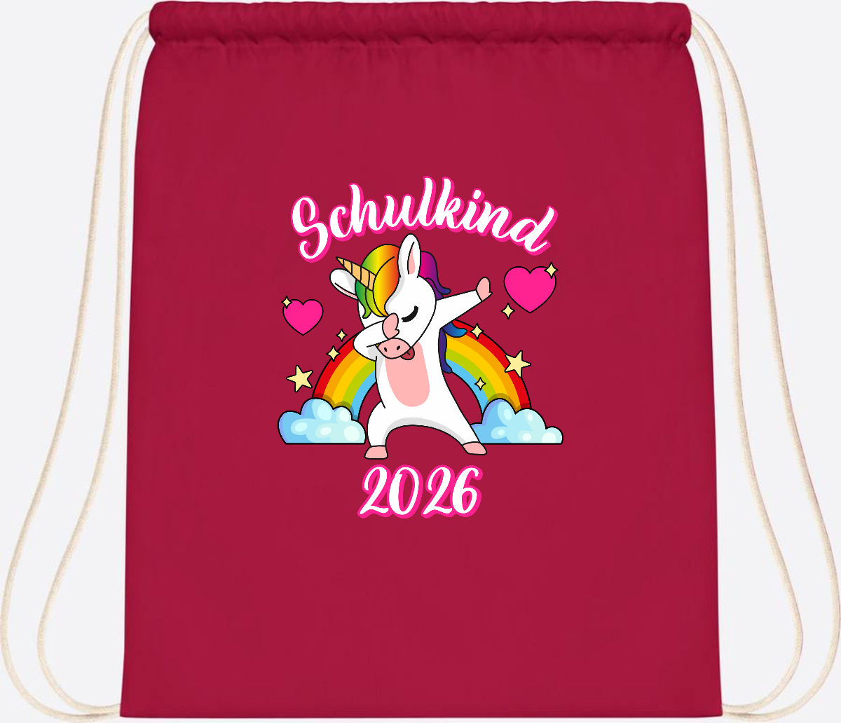 Turnbeutel Schulkind 2025 – Dabbendes Einhorn mit Wunschname - Classic Red