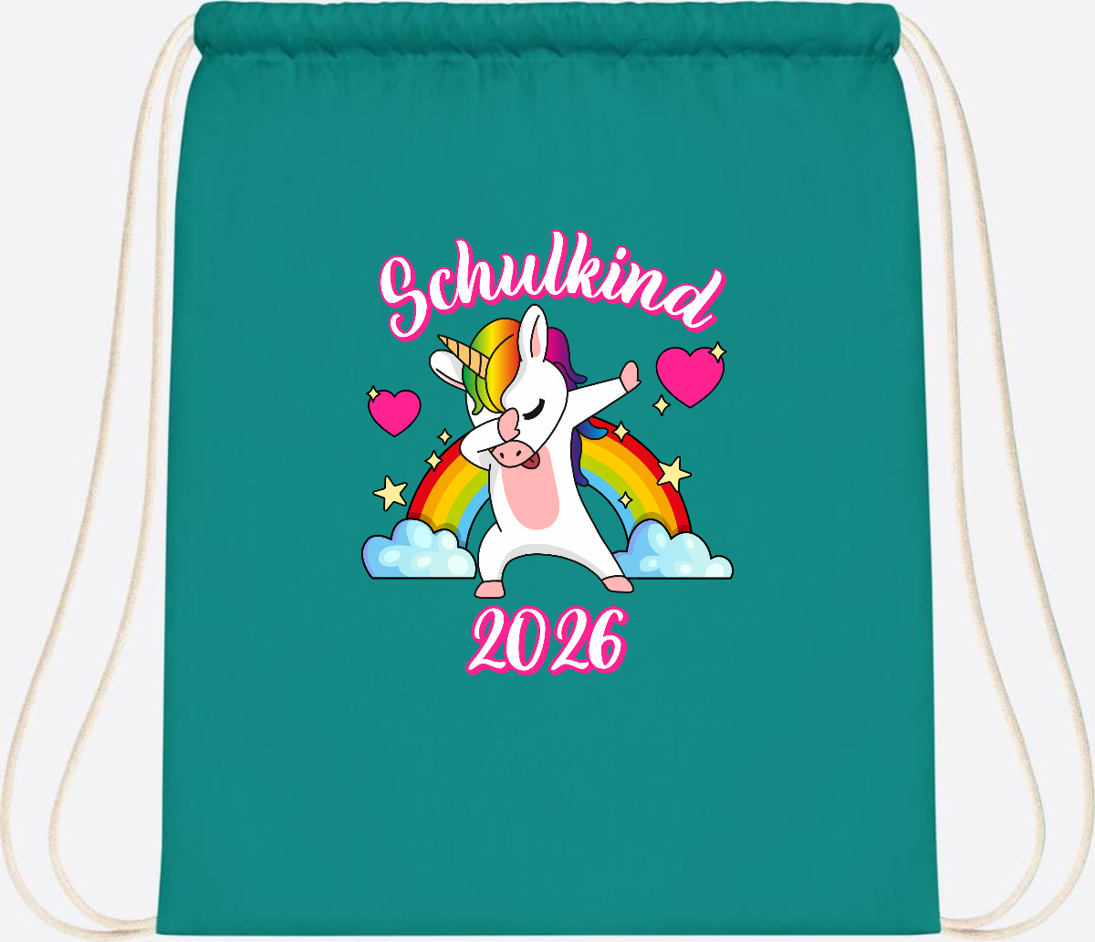Turnbeutel Schulkind 2025 – Dabbendes Einhorn mit Wunschname - Emerald