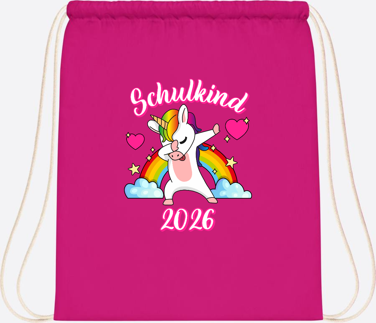 Turnbeutel Schulkind 2025 – Dabbendes Einhorn mit Wunschname - Fuchsia