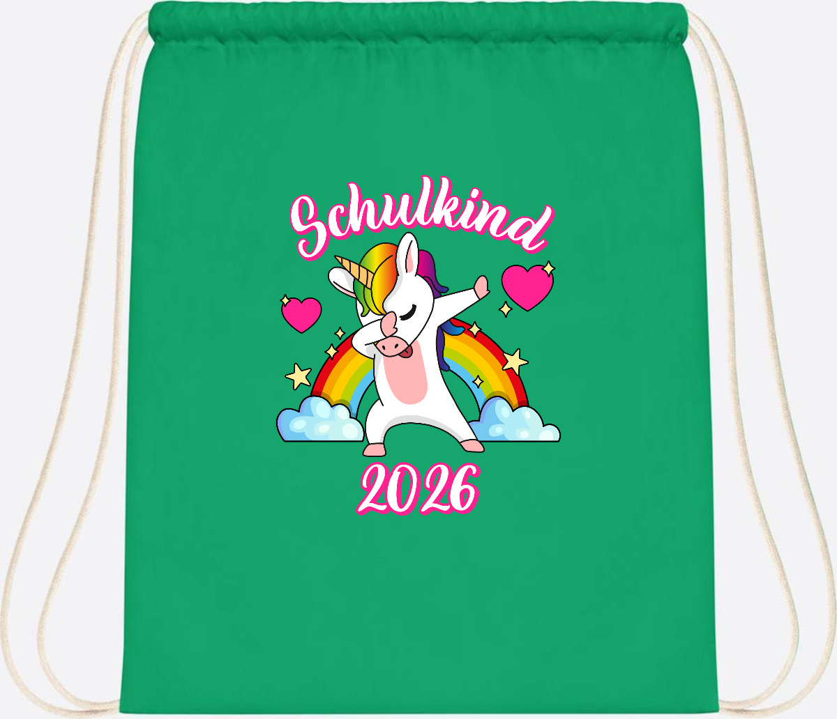 Turnbeutel Schulkind 2025 – Dabbendes Einhorn mit Wunschname - Kelly Green