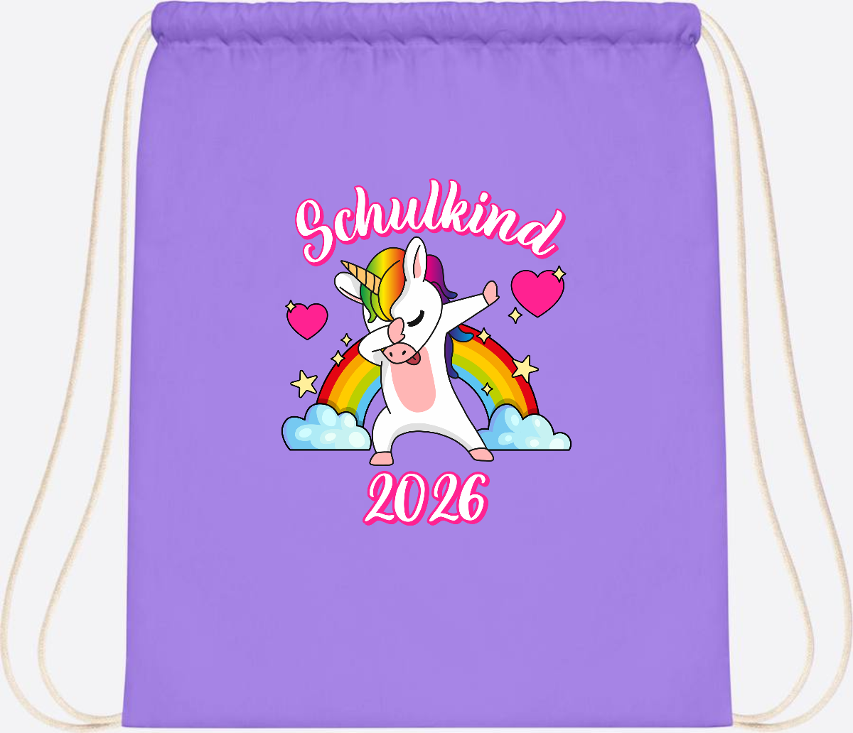 Turnbeutel Schulkind 2025 – Dabbendes Einhorn mit Wunschname - Lavender/White