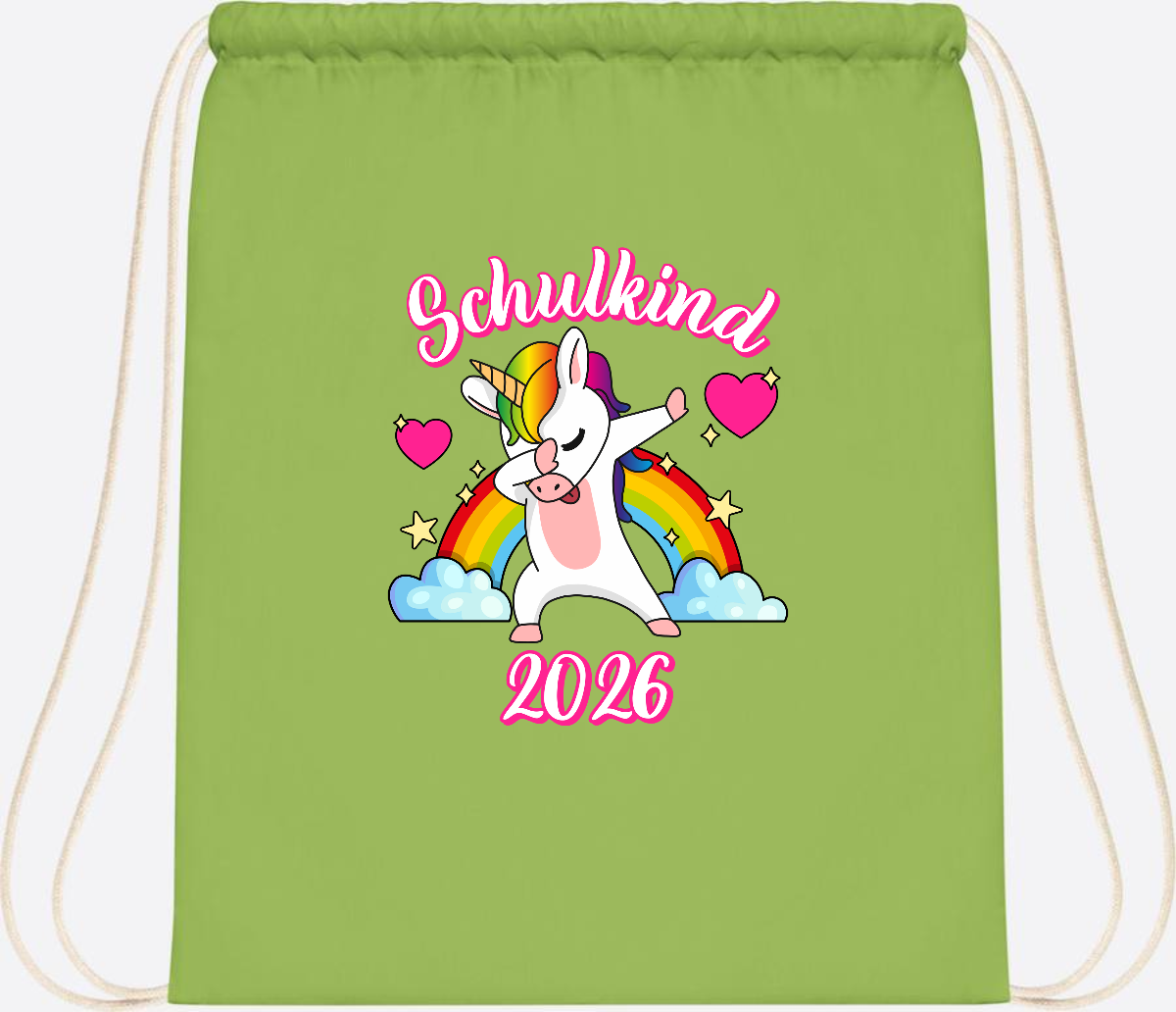 Turnbeutel Schulkind 2025 – Dabbendes Einhorn mit Wunschname - Lime Green