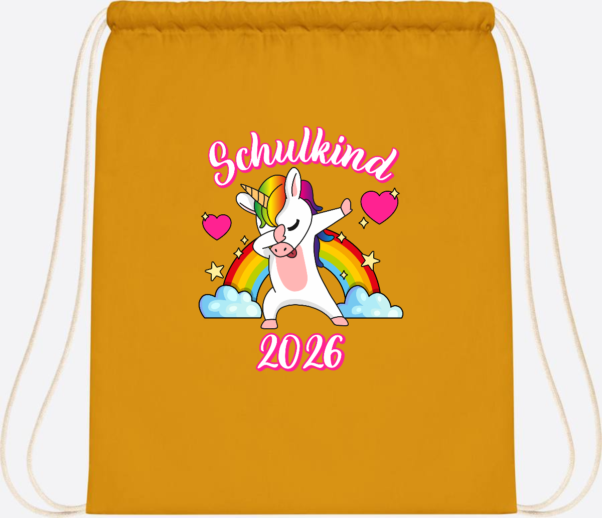 Turnbeutel Schulkind 2025 – Dabbendes Einhorn mit Wunschname - Mustard