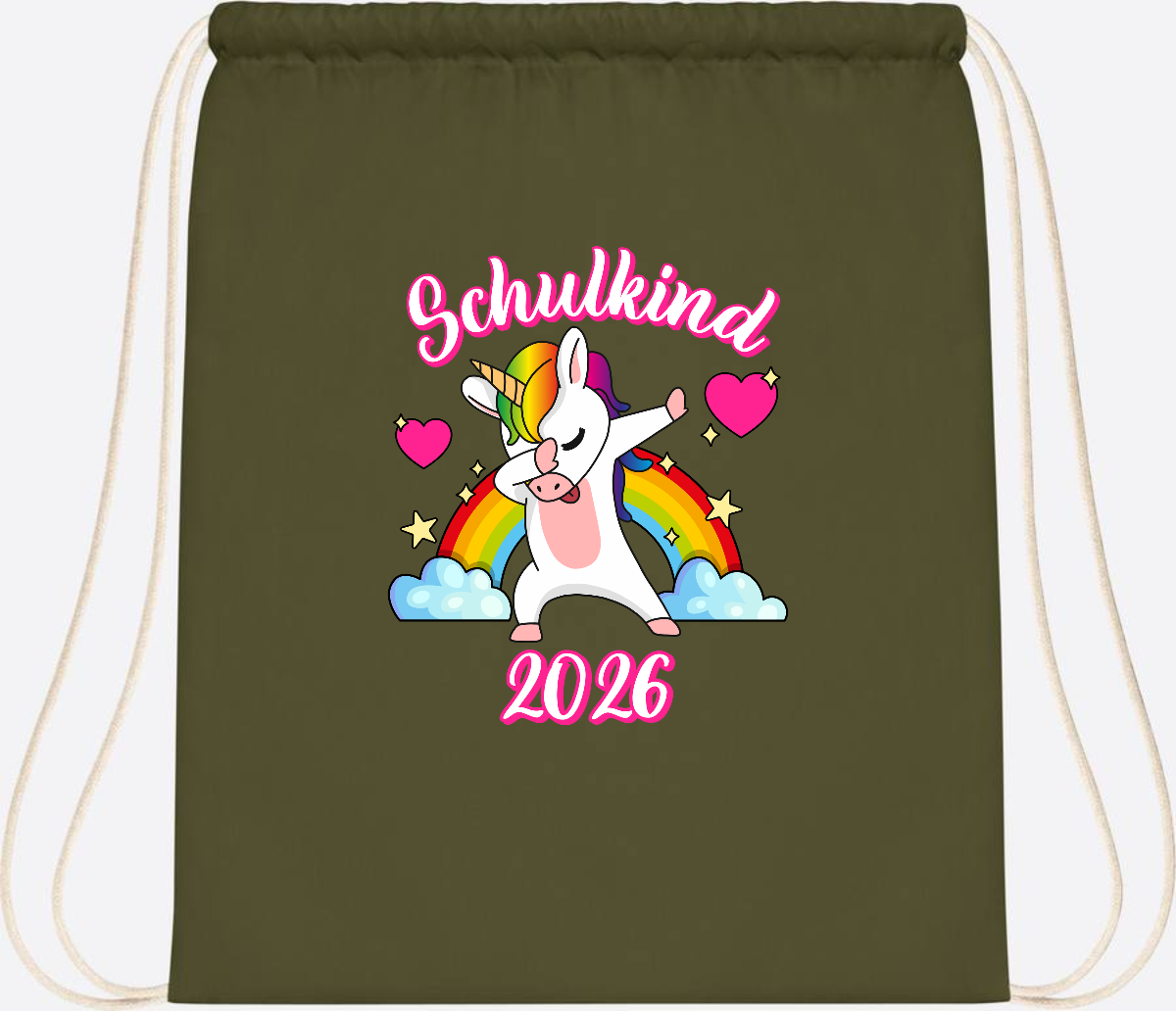 Turnbeutel Schulkind 2025 – Dabbendes Einhorn mit Wunschname - Olive Green
