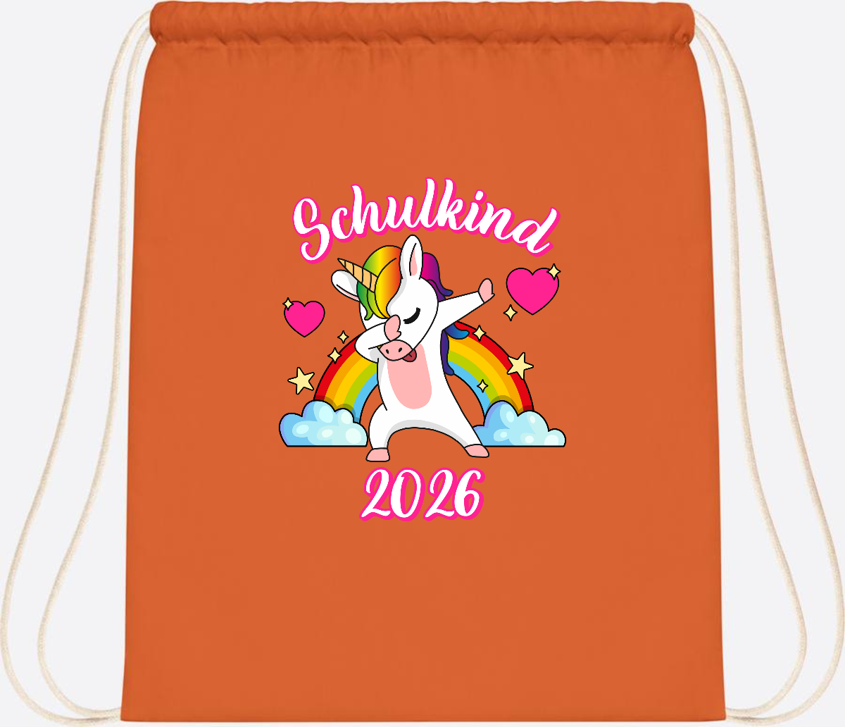Turnbeutel Schulkind 2025 – Dabbendes Einhorn mit Wunschname - Orange