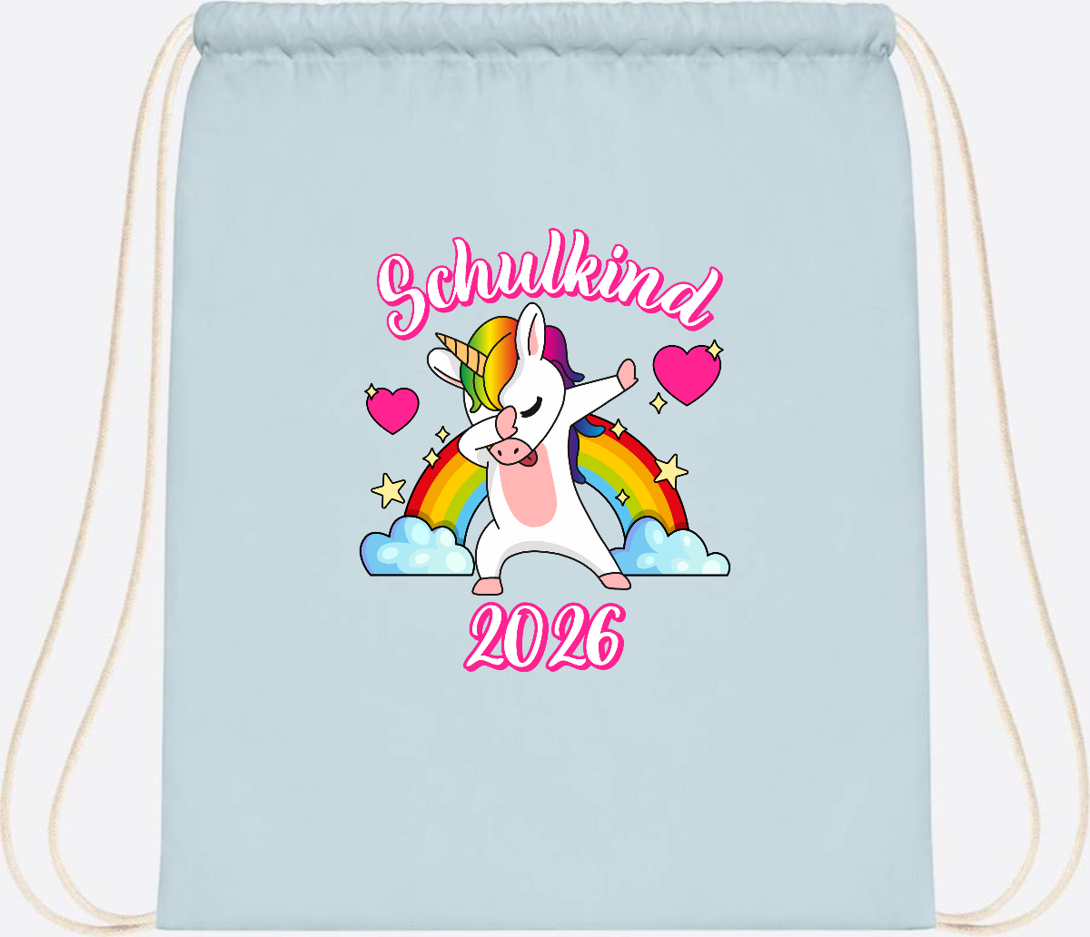 Turnbeutel Schulkind 2025 – Dabbendes Einhorn mit Wunschname - Pastel Blue/White
