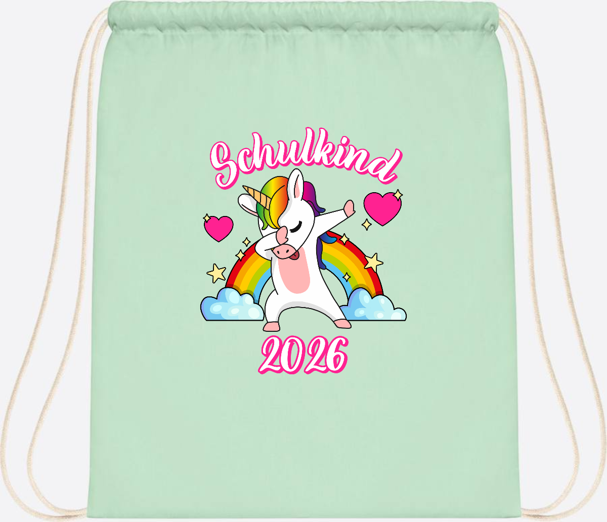 Turnbeutel Schulkind 2025 – Dabbendes Einhorn mit Wunschname - Pastel Mint/White