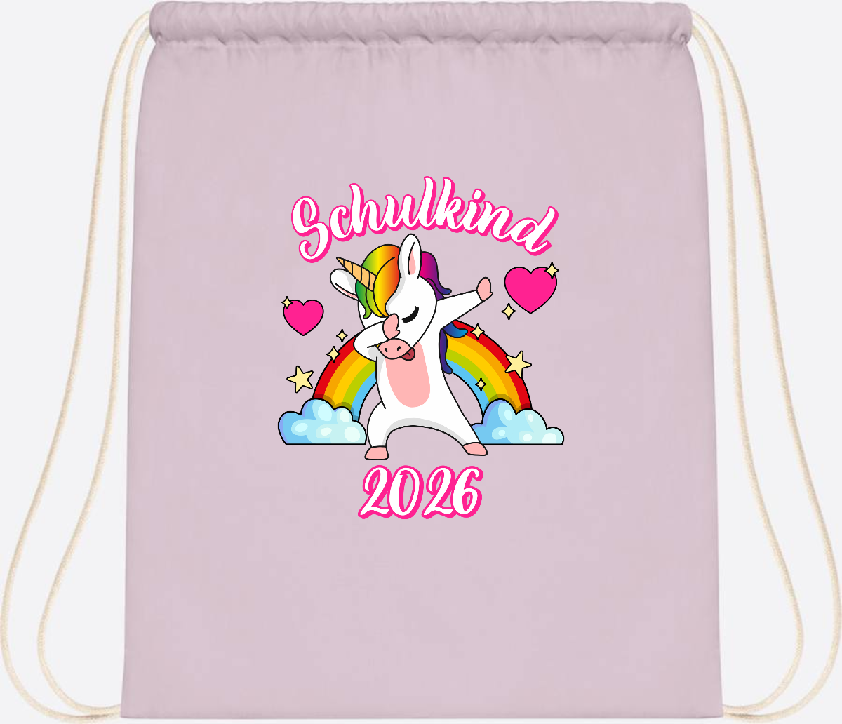 Turnbeutel Schulkind 2025 – Dabbendes Einhorn mit Wunschname - Pastel Pink/White