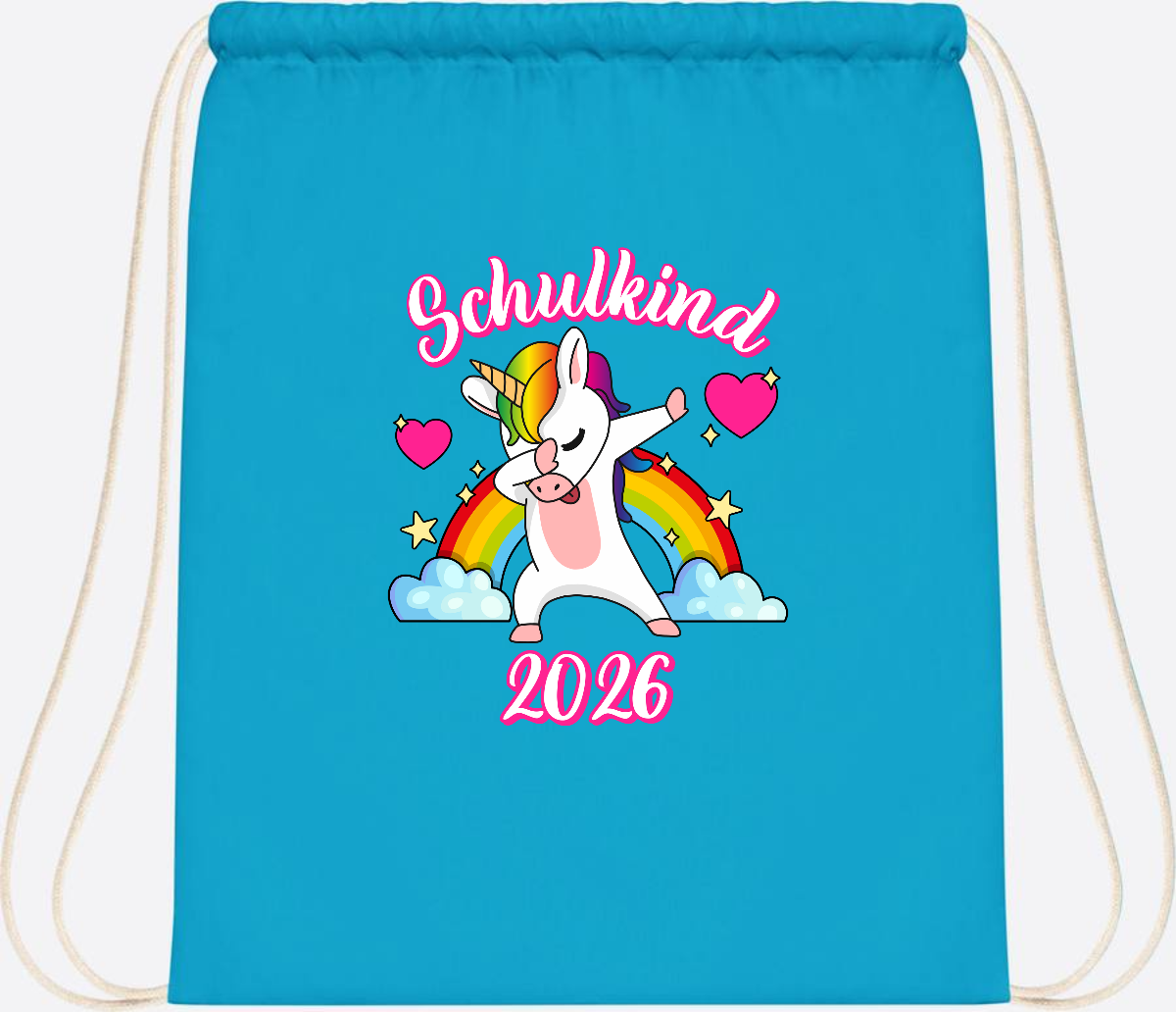 Turnbeutel Schulkind 2025 – Dabbendes Einhorn mit Wunschname - Surf Blue